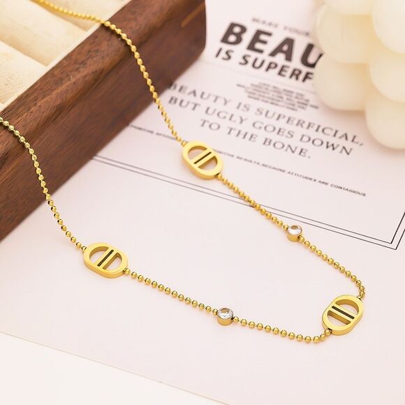 Gold Plated Designer Fashion CD Necklace with Crystal Accents - Picture 3 of 8